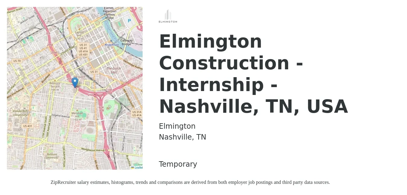 Elmington job posting for a Elmington Construction - Internship - Nashville, TN, USA in Nashville, TN with a salary of $14 to $20 Hourly with a map of Nashville location.