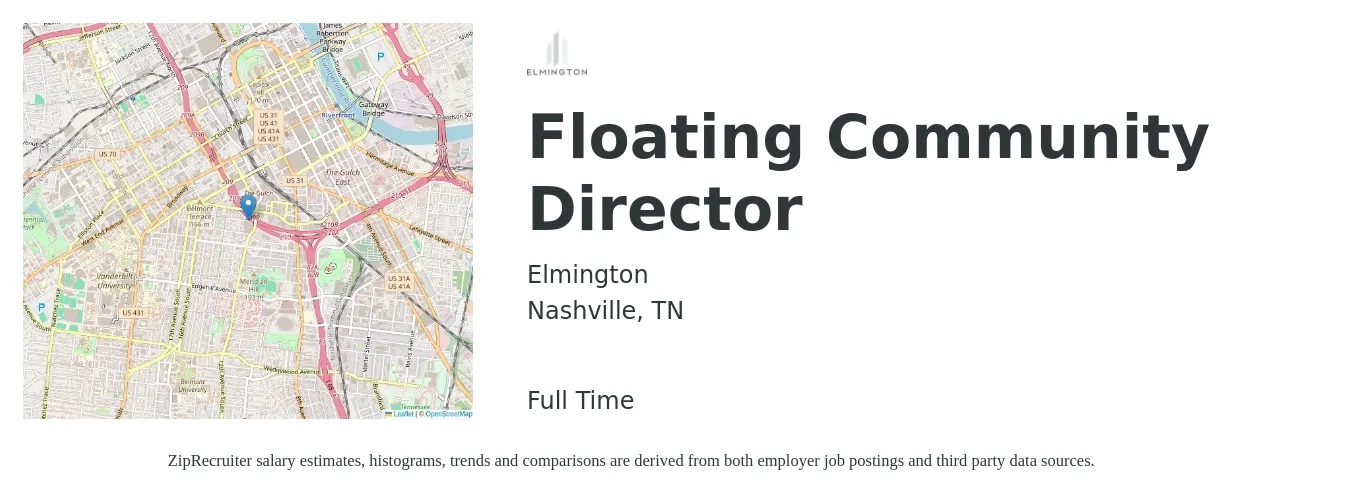 Elmington job posting for a Floating Community Director in Nashville, TN with a salary of $24 to $33 Hourly with a map of Nashville location.