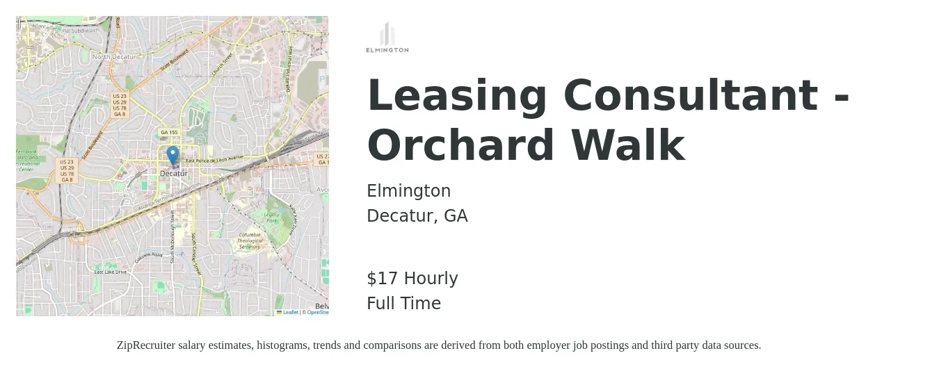 Elmington job posting for a Leasing Consultant - Orchard Walk in Decatur, GA with a salary of $18 Hourly with a map of Decatur location.