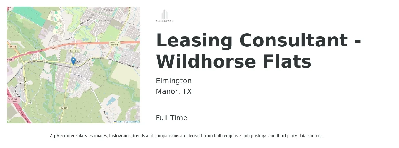 Elmington job posting for a Leasing Consultant - Wildhorse Flats in Manor, TX with a salary of $20 Hourly with a map of Manor location.