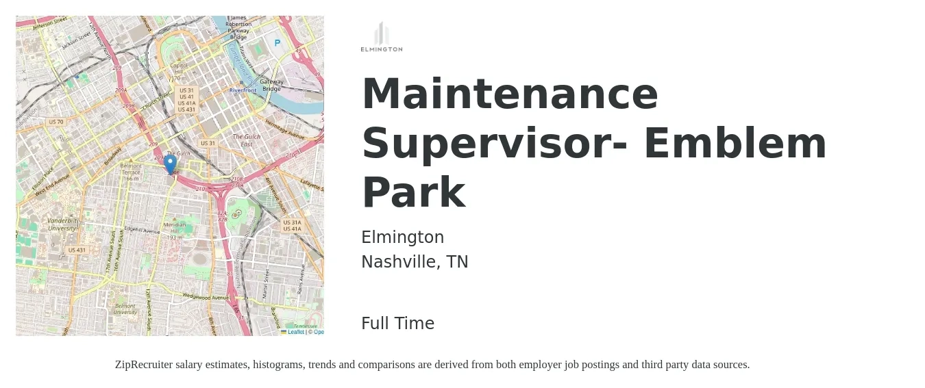 Elmington job posting for a Maintenance Supervisor- Emblem Park in Nashville, TN with a salary of $23 to $38 Hourly with a map of Nashville location.