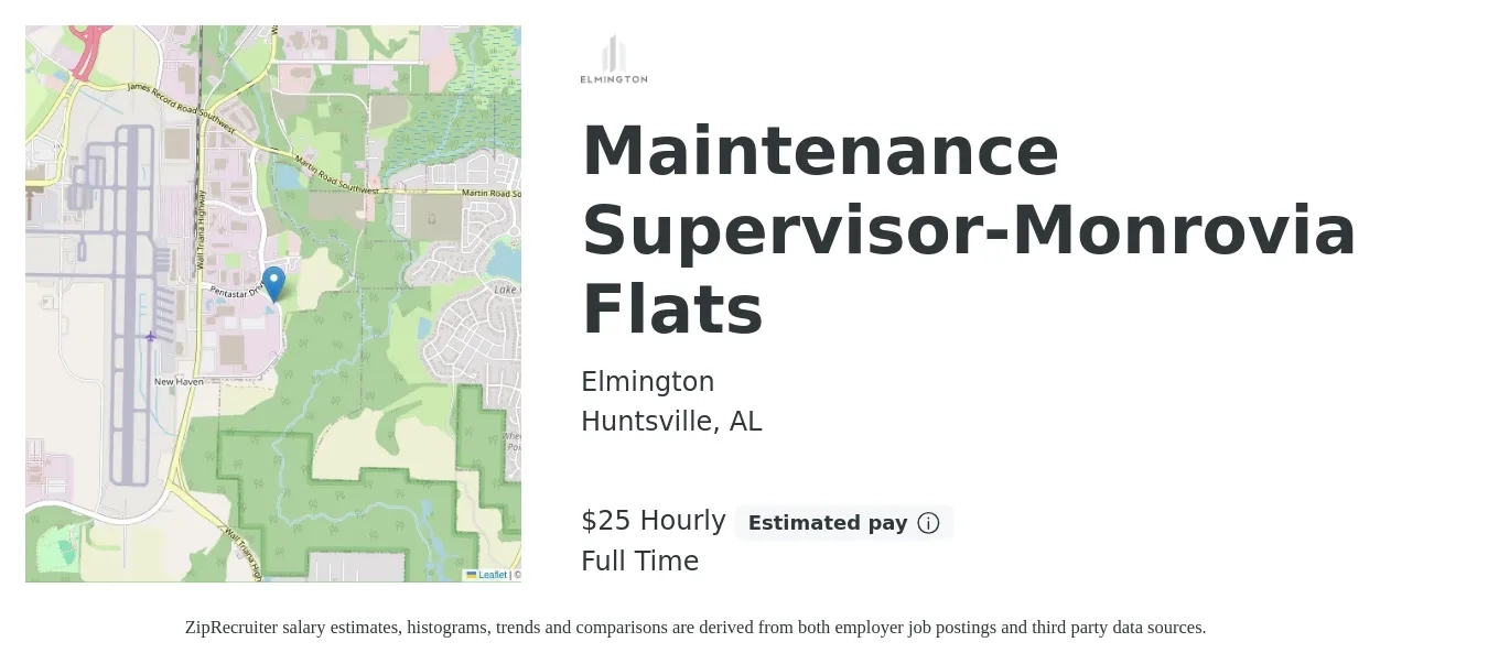 Elmington job posting for a Maintenance Supervisor-Monrovia Flats in Huntsville, AL with a salary of $27 Hourly with a map of Huntsville location.
