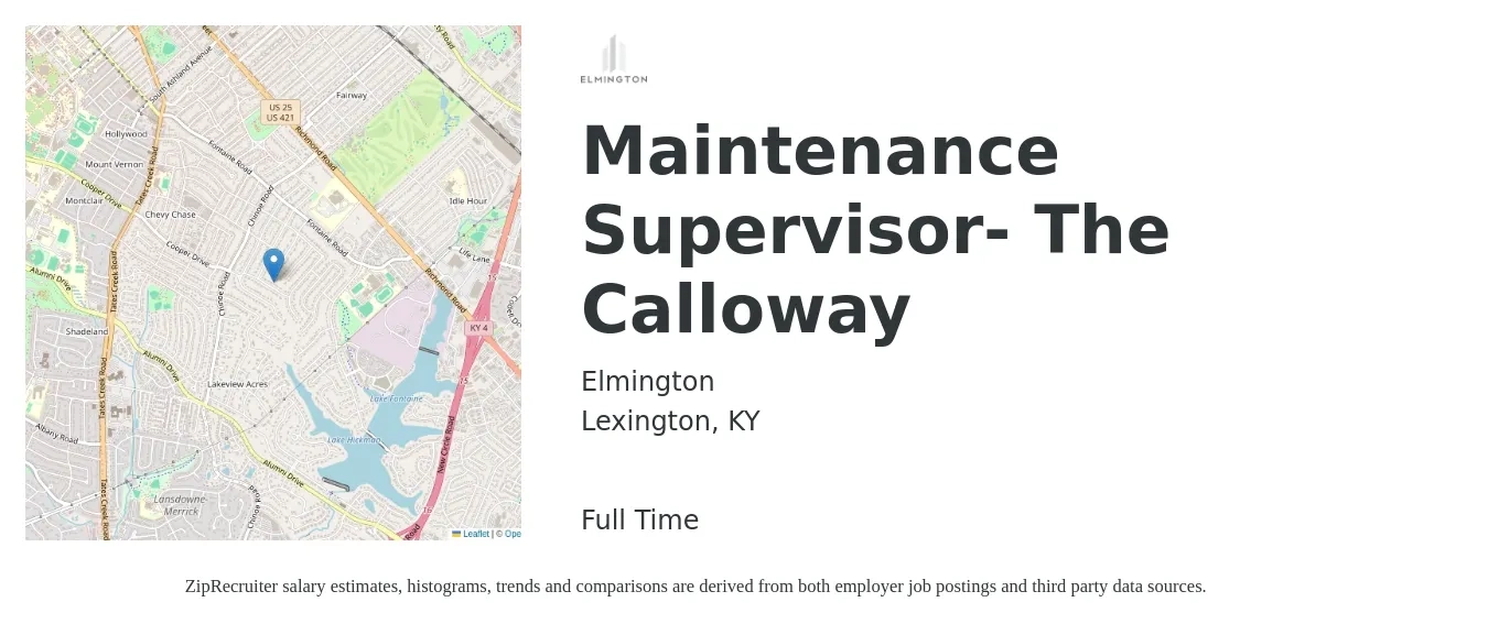 Elmington job posting for a Maintenance Supervisor- The Calloway in Lexington, KY with a salary of $24 to $39 Hourly with a map of Lexington location.