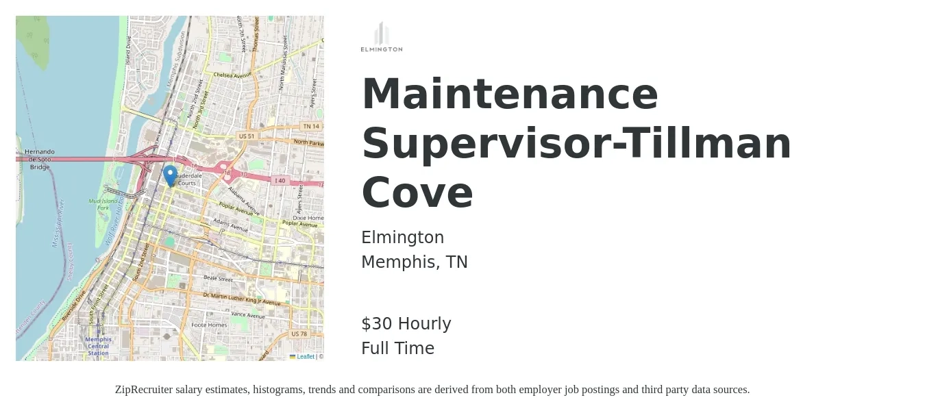 Elmington job posting for a Maintenance Supervisor-Tillman Cove in Memphis, TN with a salary of $32 Hourly with a map of Memphis location.