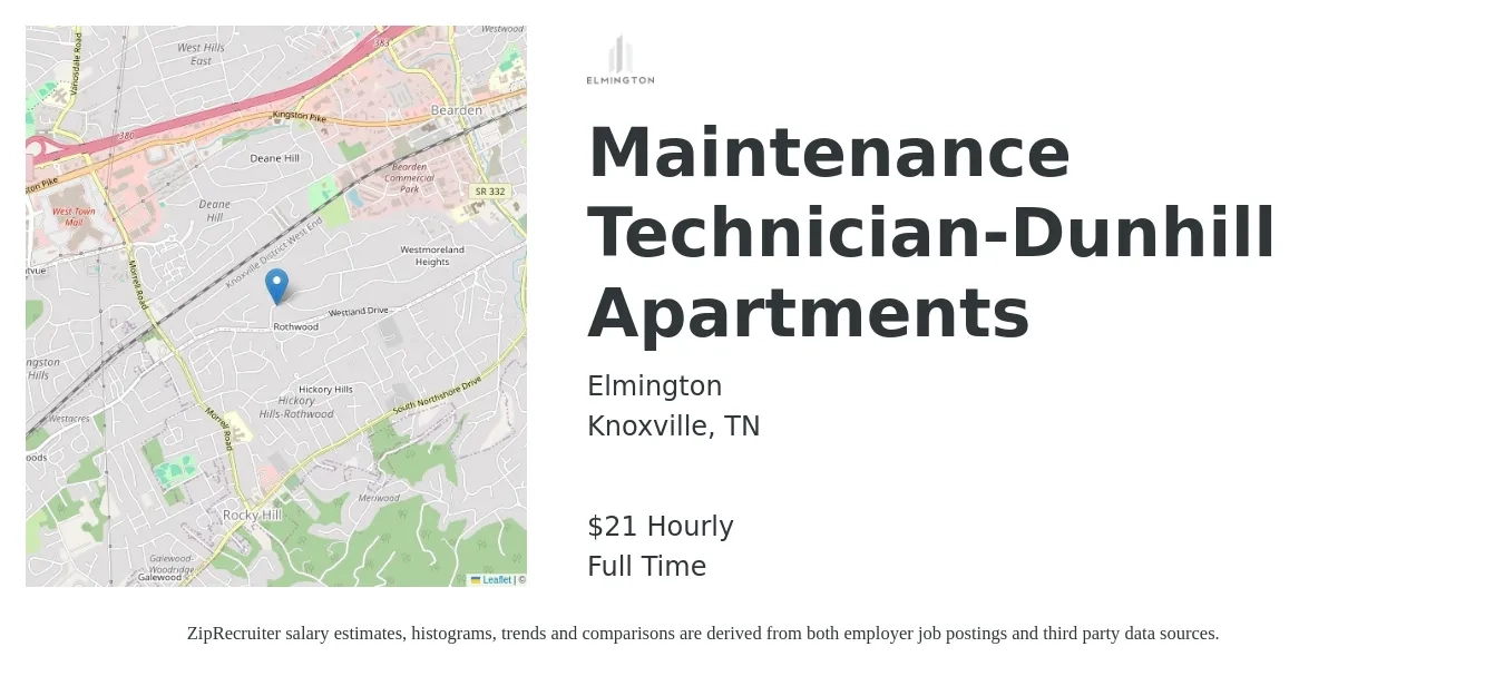 Elmington job posting for a Maintenance Technician-Dunhill Apartments in Knoxville, TN with a salary of $22 Hourly with a map of Knoxville location.
