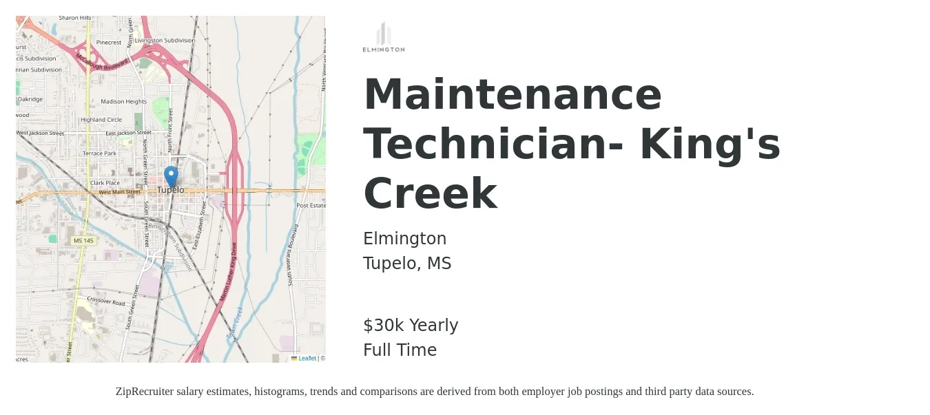 Elmington job posting for a Maintenance Technician- King's Creek in Tupelo, MS with a salary of $30,720 Yearly with a map of Tupelo location.