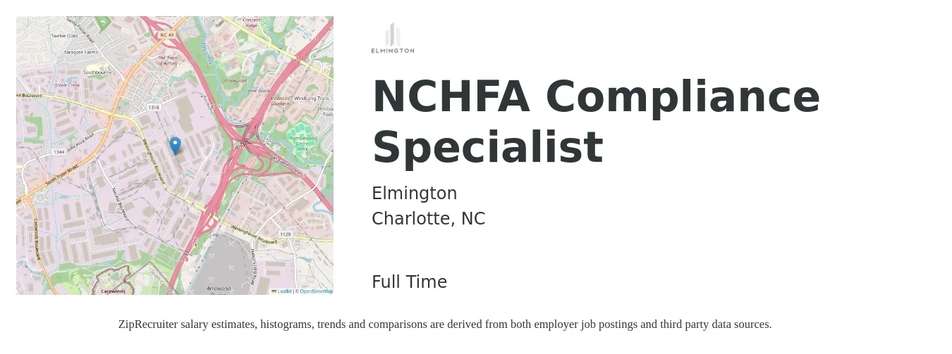 Elmington job posting for a NCHFA Compliance Specialist in Charlotte, NC with a salary of $52,000 to $55,000 Yearly with a map of Charlotte location.