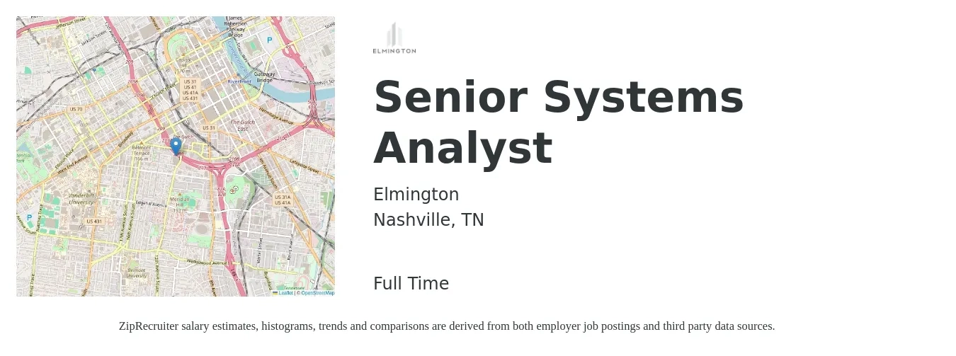 Elmington job posting for a Senior Systems Analyst in Nashville, TN with a salary of $26 to $29 Hourly with a map of Nashville location.