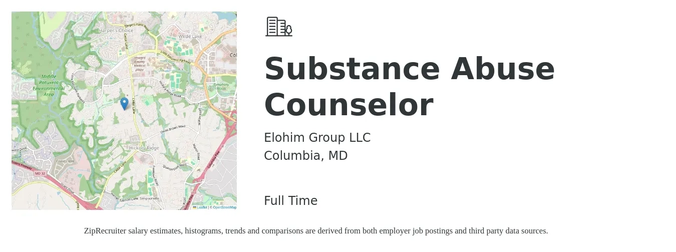 Elohim Group LLC job posting for a Substance Abuse Counselor in Columbia, MD with a salary of $22 to $30 Hourly with a map of Columbia location.