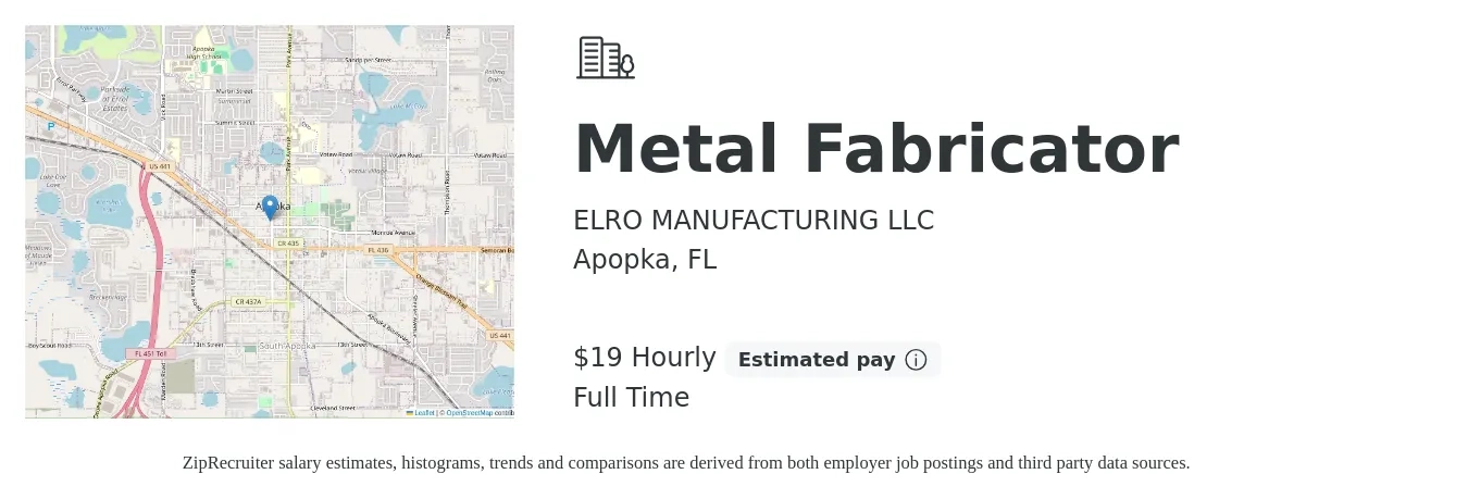 ELRO MANUFACTURING LLC job posting for a Metal Fabricator in Apopka, FL with a salary of $20 Hourly with a map of Apopka location.