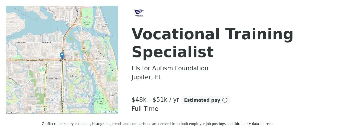 Els for Autism Foundation job posting for a Vocational Training Specialist in Jupiter, FL with a salary of $48,000 to $51,000 Yearly with a map of Jupiter location.