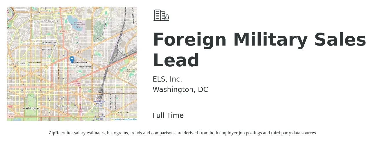 ELS, Inc. job posting for a Foreign Military Sales Lead in Washington, DC with a salary of $120,000 to $140,000 Yearly with a map of Washington location.