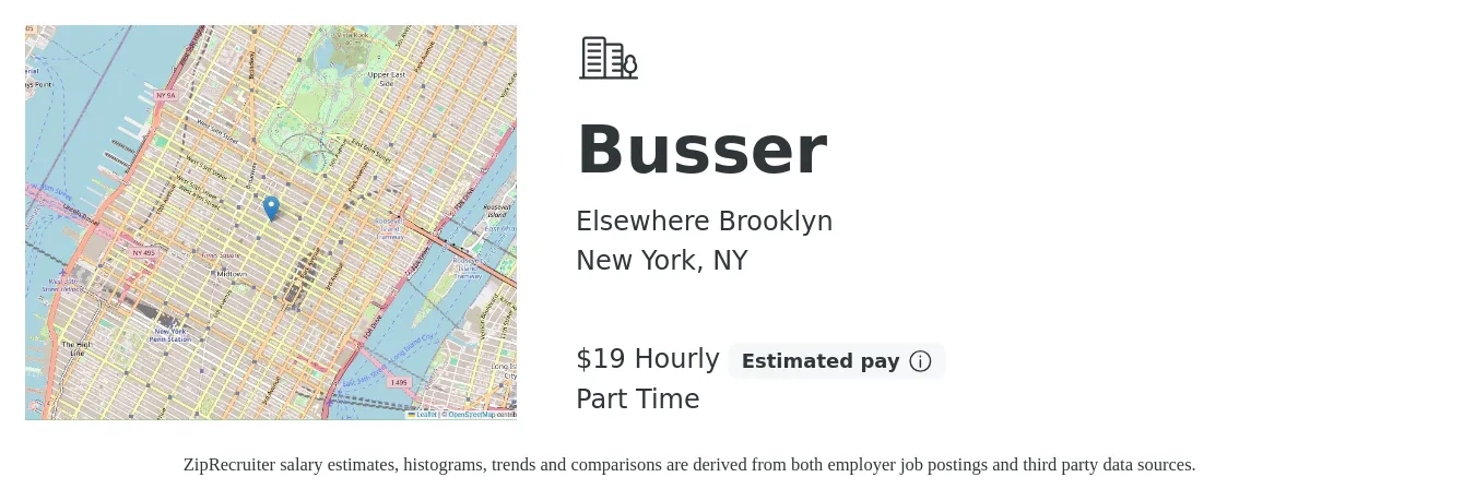 Elsewhere Brooklyn job posting for a Busser in New York, NY with a salary of $20 Hourly with a map of New York location.