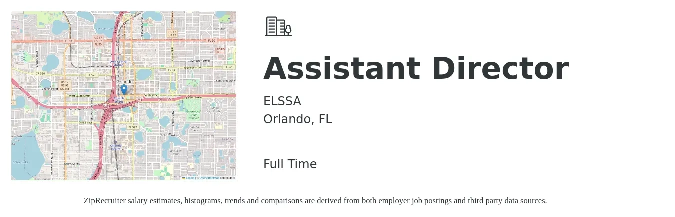 ELSSA job posting for a Assistant Director in Orlando, FL with a salary of $31,400 to $45,000 Yearly with a map of Orlando location.