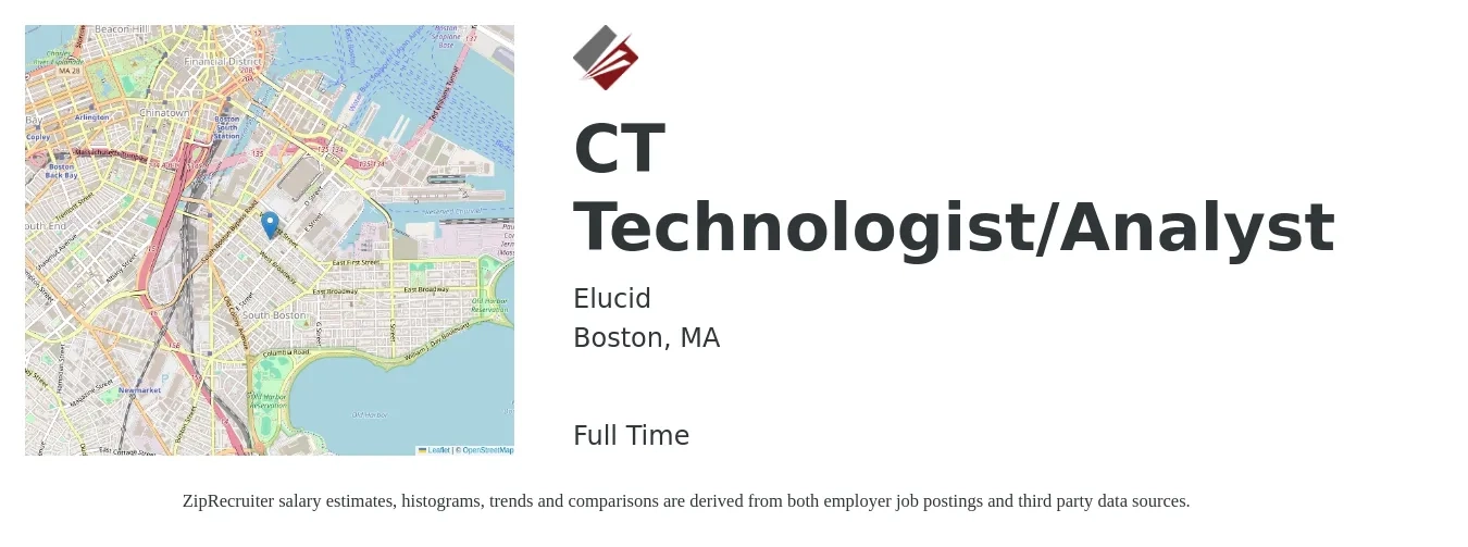 Elucid job posting for a CT Technologist/Analyst in Boston, MA with a salary of $2,170 to $3,040 Weekly with a map of Boston location.