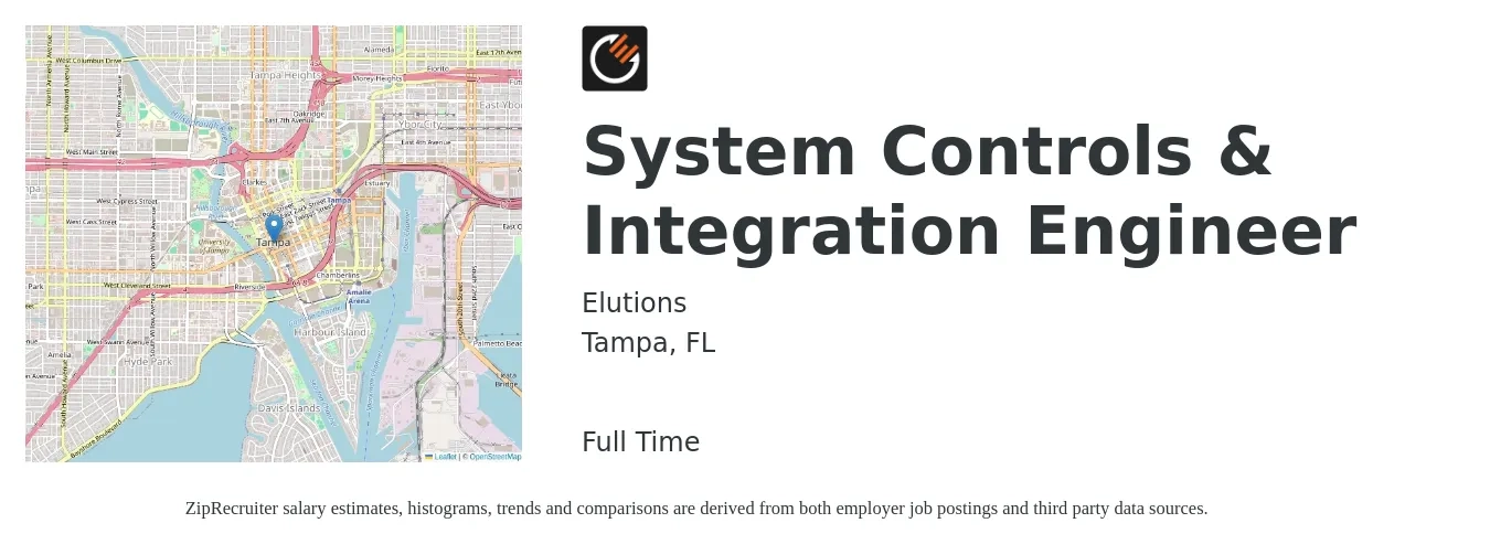 Elutions job posting for a System Controls & Integration Engineer in Tampa, FL with a salary of $78,900 to $102,100 Yearly with a map of Tampa location.