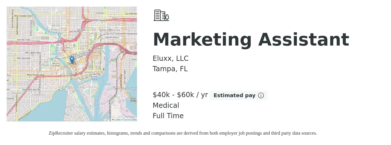 Eluxx, LLC job posting for a Marketing Assistant in Tampa, FL with a salary of $40,000 to $60,000 Yearly (plus commission) and benefits including medical with a map of Tampa location.