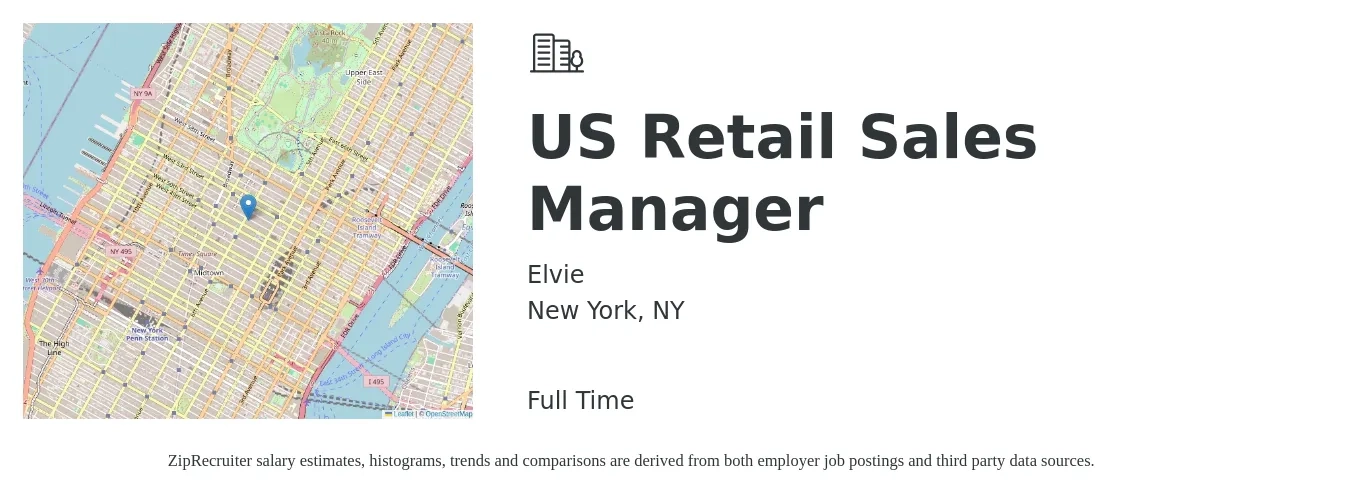 Elvie job posting for a US Retail Sales Manager in New York, NY with a salary of $130,000 to $145,000 Yearly with a map of New York location.