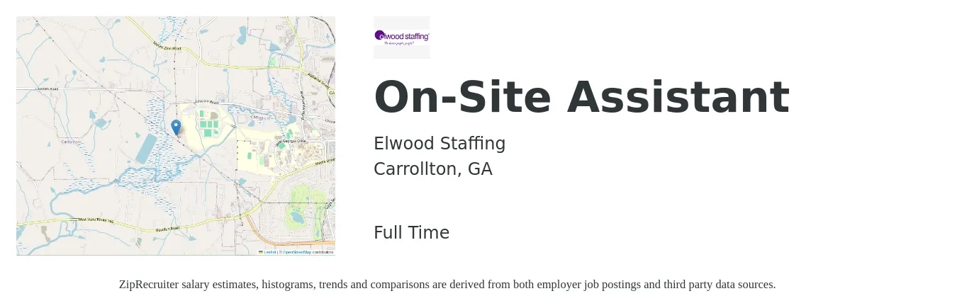 Elwood Staffing job posting for a On-Site Assistant in Carrollton, GA with a salary of $29,700 to $60,700 Yearly with a map of Carrollton location.