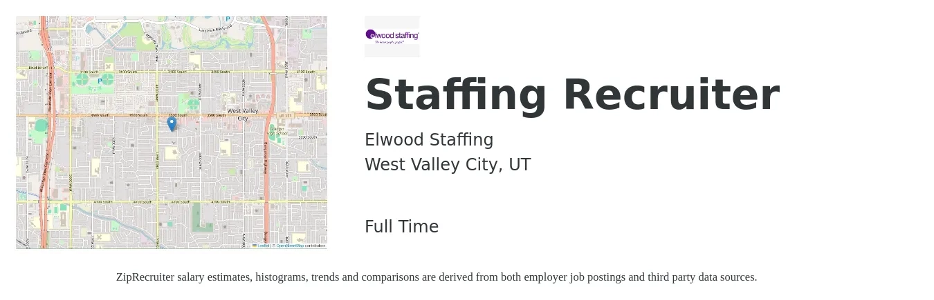 Elwood Staffing job posting for a Staffing Recruiter in West Valley City, UT with a salary of $17 to $22 Hourly with a map of West Valley City location.