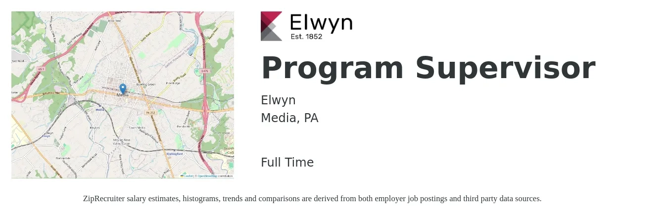 Elwyn job posting for a Program Supervisor in Media, PA with a salary of $18 to $30 Hourly with a map of Media location.
