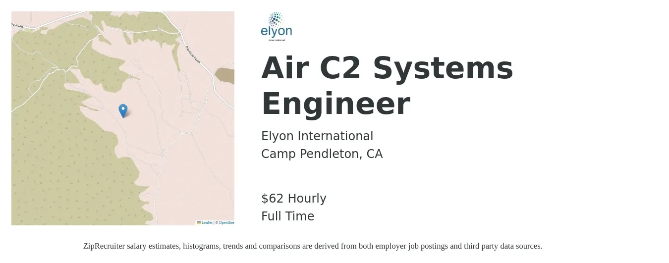 Elyon International job posting for a Air C2 Systems Engineer in Camp Pendleton, CA with a salary of $65 Hourly with a map of Camp Pendleton location.