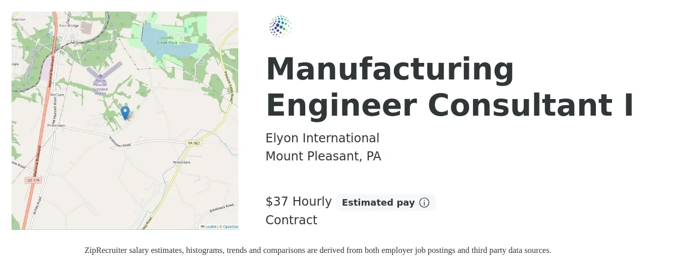 Elyon International job posting for a Manufacturing Engineer Consultant I in Mount Pleasant, PA with a salary of $39 Hourly with a map of Mount Pleasant location.
