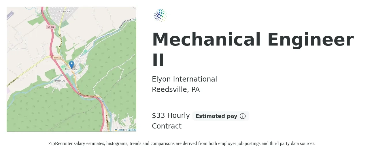 Elyon International job posting for a Mechanical Engineer II in Reedsville, PA with a salary of $35 Hourly with a map of Reedsville location.