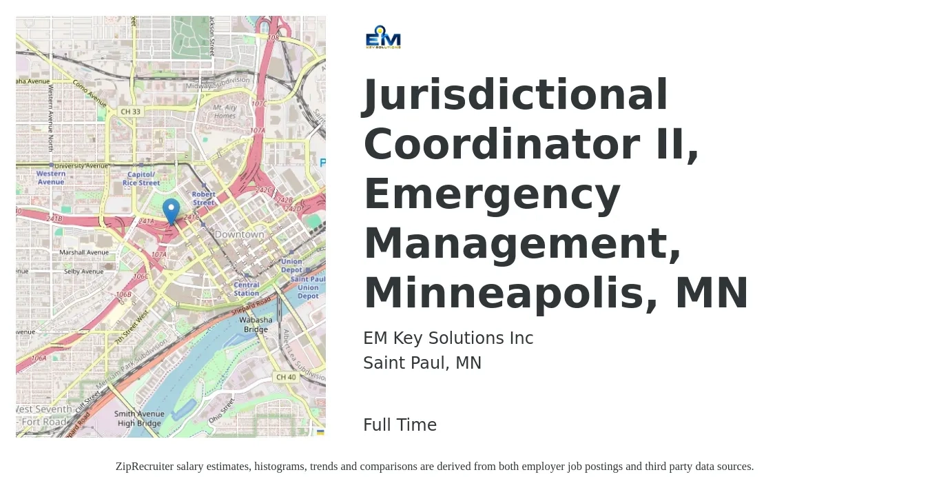 EM Key Solutions Inc job posting for a Jurisdictional Coordinator II, Emergency Management, Minneapolis, MN in Saint Paul, MN with a salary of $59,300 to $91,000 Yearly with a map of Saint Paul location.