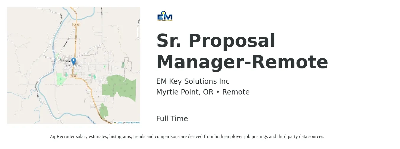EM Key Solutions Inc job posting for a Sr. Proposal Manager-Remote in Myrtle Point, OR with a salary of $75,500 to $110,600 Yearly with a map of Myrtle Point location.