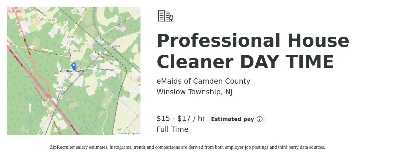 eMaids of Camden County job posting for a Professional House Cleaner DAY TIME in Winslow Township, NJ with a salary of $16 to $18 Hourly with a map of Winslow Township location.