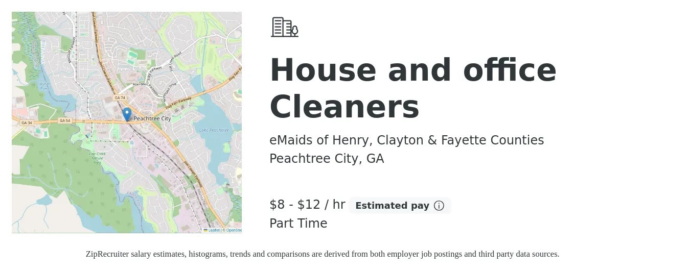 eMaids of Henry, Clayton & Fayette Counties job posting for a House and office Cleaners in Peachtree City, GA with a salary of $9 to $13 Hourly with a map of Peachtree City location.