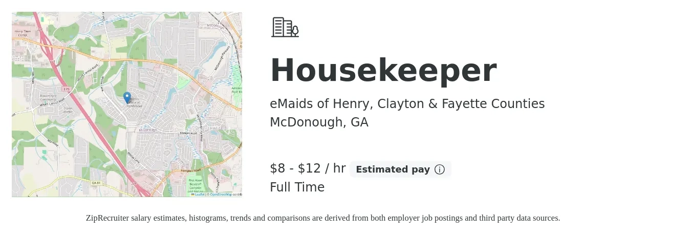 eMaids of Henry, Clayton & Fayette Counties job posting for a Housekeeper in McDonough, GA with a salary of $9 to $13 Hourly with a map of McDonough location.