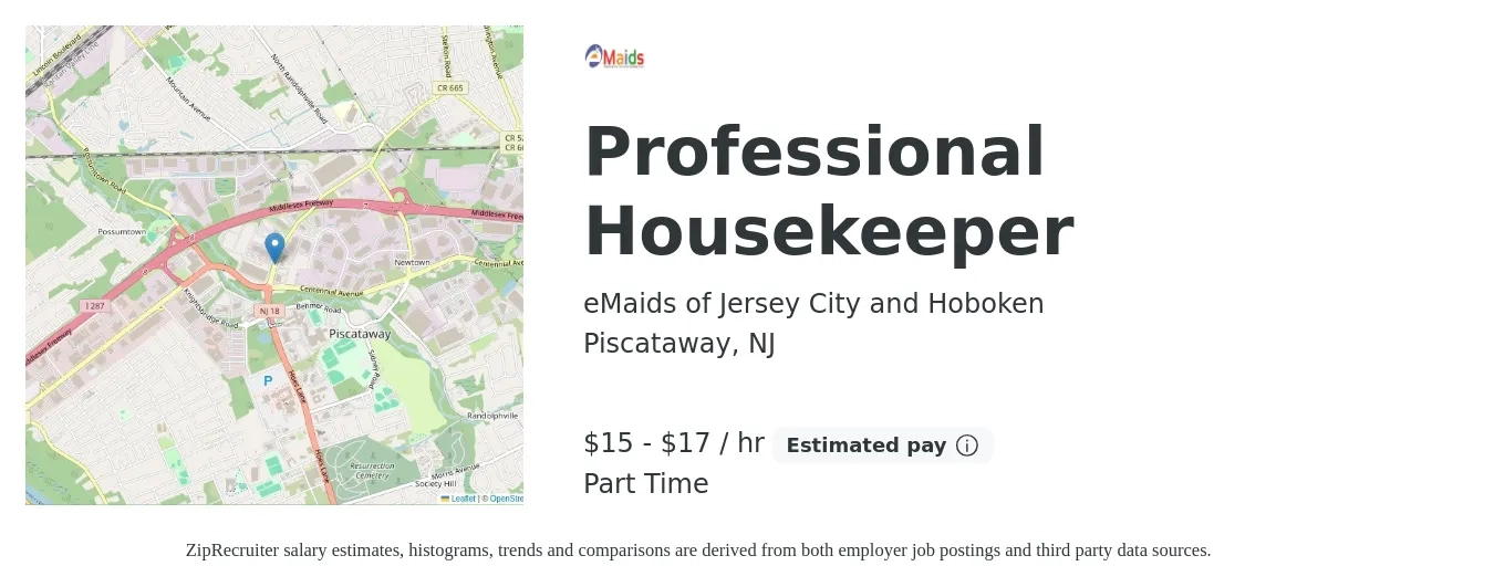 eMaids of Jersey City and Hoboken job posting for a Professional Housekeeper in Piscataway, NJ with a salary of $16 to $18 Hourly with a map of Piscataway location.