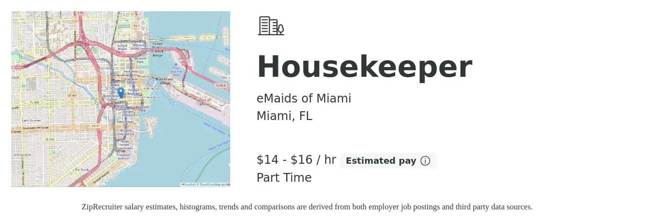 eMaids of Miami job posting for a Housekeeper in Miami, FL with a salary of $15 to $17 Hourly with a map of Miami location.