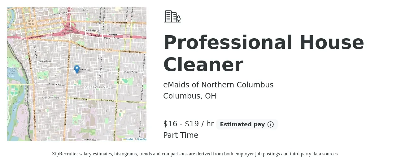 eMaids of Northern Columbus job posting for a Professional House Cleaner in Columbus, OH with a salary of $17 to $20 Hourly with a map of Columbus location.