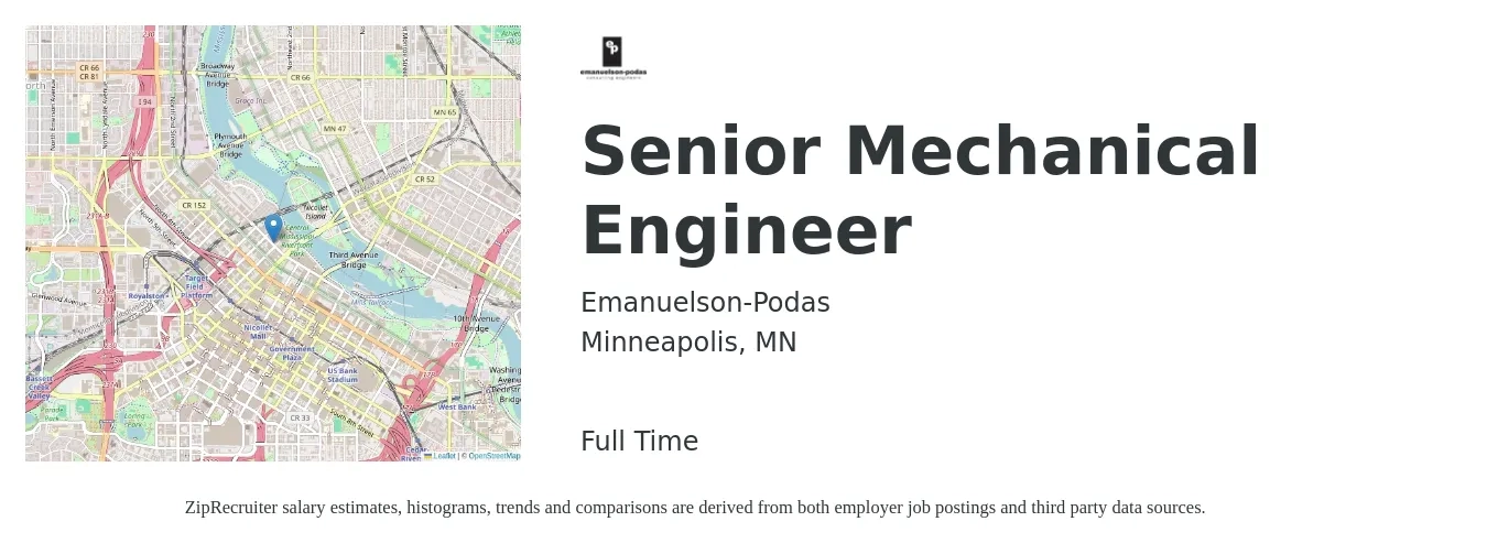 Emanuelson-Podas job posting for a Senior Mechanical Engineer in Minneapolis, MN with a salary of $108,100 to $142,700 Yearly with a map of Minneapolis location.