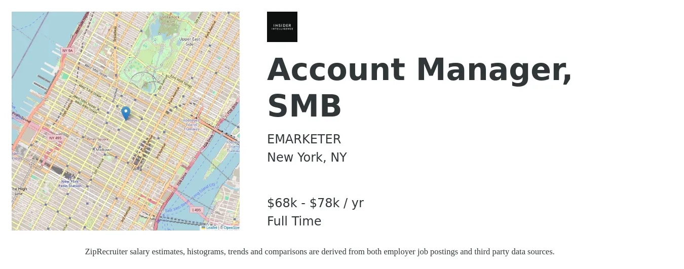 EMARKETER job posting for a Account Manager, SMB in New York, NY with a salary of $68,000 to $78,000 Yearly with a map of New York location.