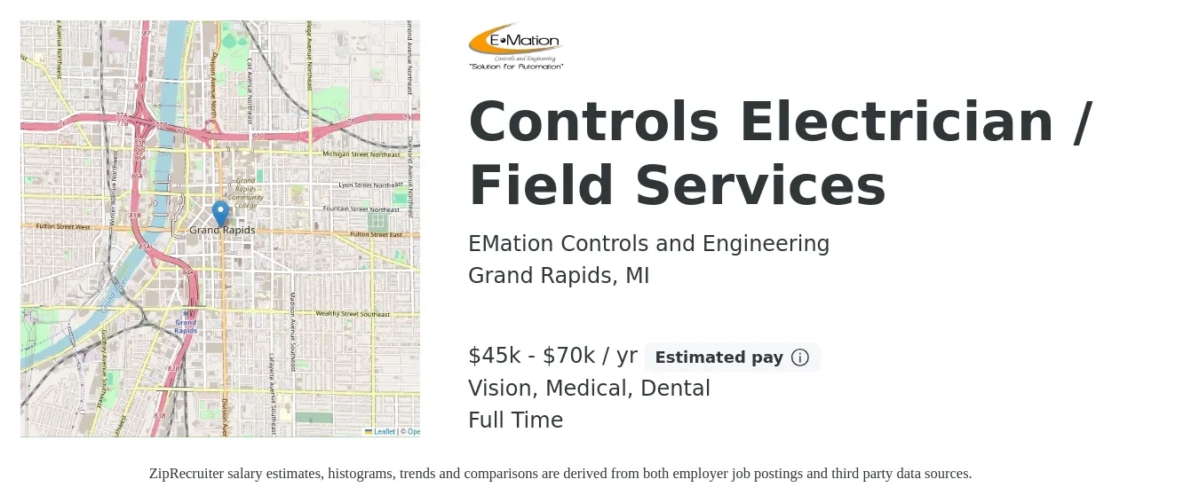 EMation Controls and Engineering job posting for a Controls Electrician / Field Services in Grand Rapids, MI with a salary of $45,000 to $65,000 Yearly and benefits including medical, retirement, vision, and dental with a map of Grand Rapids location.
