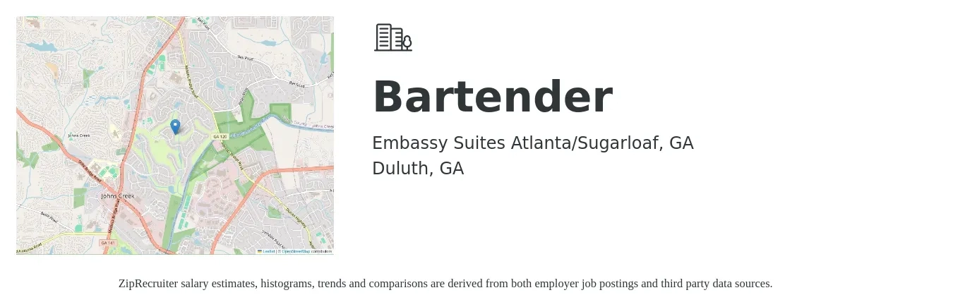 Embassy Suites Atlanta/Sugarloaf, GA job posting for a Bartender in Duluth, GA with a salary of $9 to $17 Hourly with a map of Duluth location.