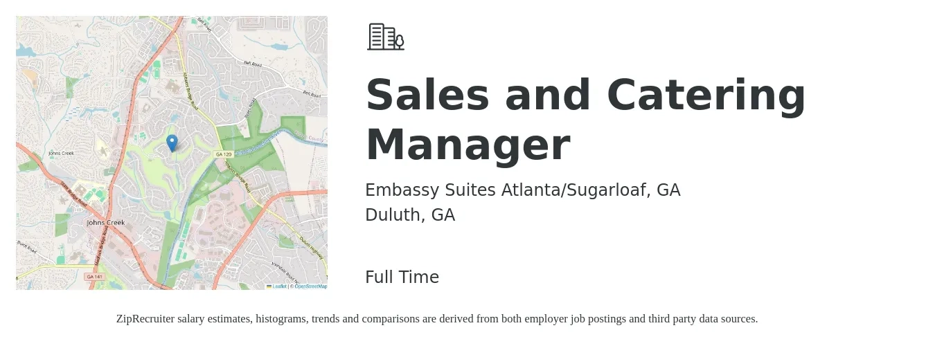 Embassy Suites Atlanta/Sugarloaf, GA job posting for a Sales and Catering Manager in Duluth, GA with a salary of $47,900 to $61,700 Yearly with a map of Duluth location.