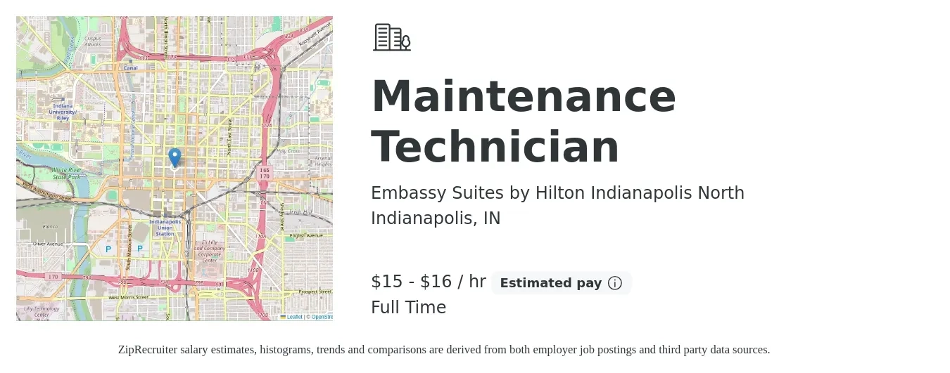 Embassy Suites by Hilton Indianapolis North job posting for a Maintenance Technician in Indianapolis, IN with a salary of $16 to $17 Hourly with a map of Indianapolis location.