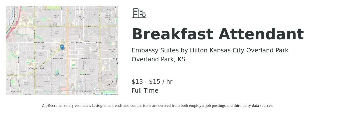 Embassy Suites by Hilton Kansas City Overland Park job posting for a Breakfast Attendant in Overland Park, KS with a salary of $14 to $16 Hourly with a map of Overland Park location.