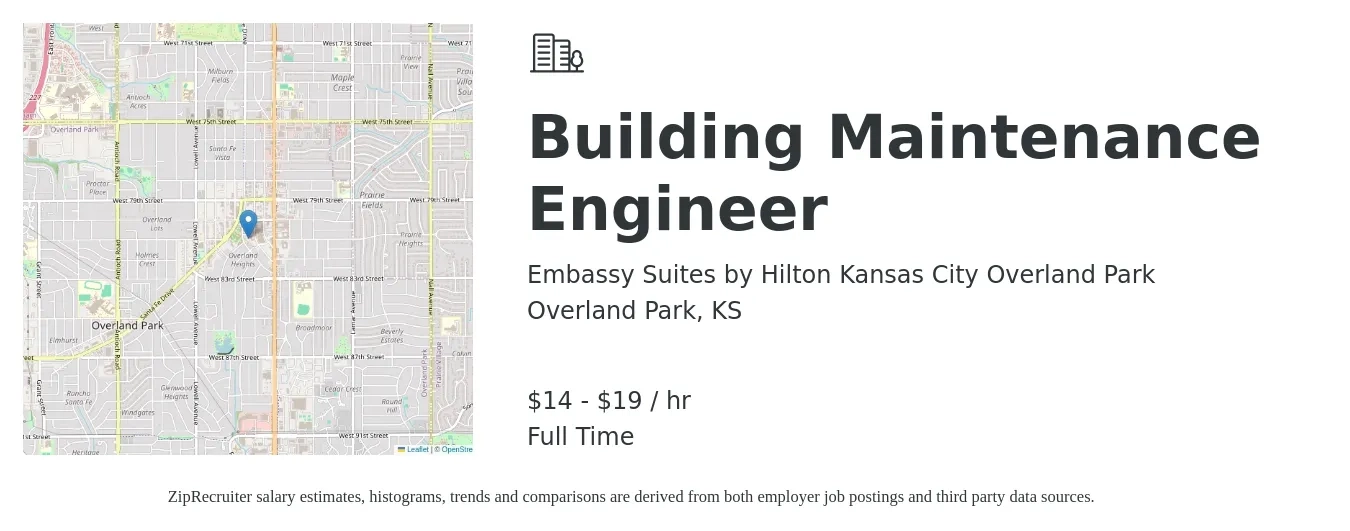 Embassy Suites by Hilton Kansas City Overland Park job posting for a Building Maintenance Engineer in Overland Park, KS with a salary of $15 to $20 Hourly with a map of Overland Park location.