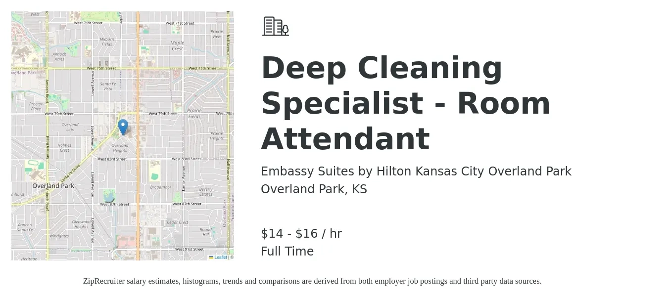 Embassy Suites by Hilton Kansas City Overland Park job posting for a Deep Cleaning Specialist - Room Attendant in Overland Park, KS with a salary of $15 to $17 Hourly with a map of Overland Park location.