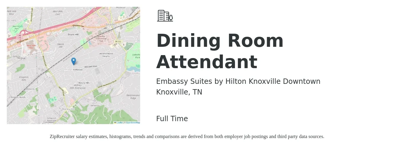 Embassy Suites by Hilton Knoxville Downtown job posting for a Dining Room Attendant in Knoxville, TN with a salary of $12 to $16 Hourly with a map of Knoxville location.