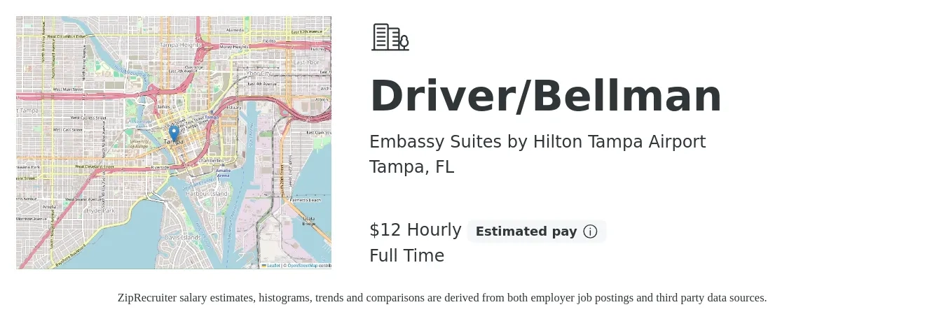 Embassy Suites by Hilton Tampa Airport job posting for a Driver/Bellman in Tampa, FL with a salary of $13 Hourly with a map of Tampa location.
