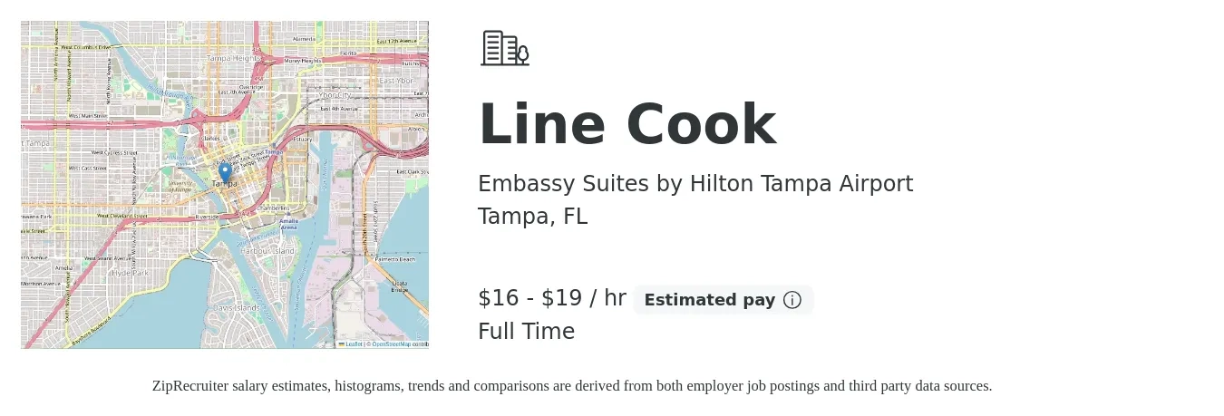 Embassy Suites by Hilton Tampa Airport job posting for a Line Cook in Tampa, FL with a salary of $17 to $20 Hourly with a map of Tampa location.