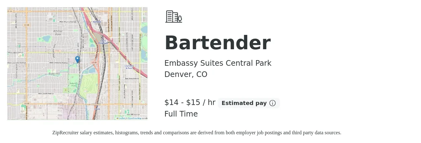 Embassy Suites Central Park job posting for a Bartender in Denver, CO with a salary of $15 to $16 Hourly with a map of Denver location.