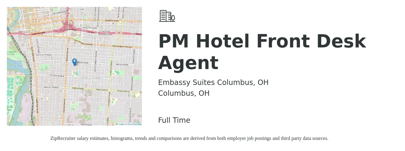Embassy Suites Columbus, OH job posting for a PM Hotel Front Desk Agent in Columbus, OH with a salary of $13 to $16 Hourly with a map of Columbus location.